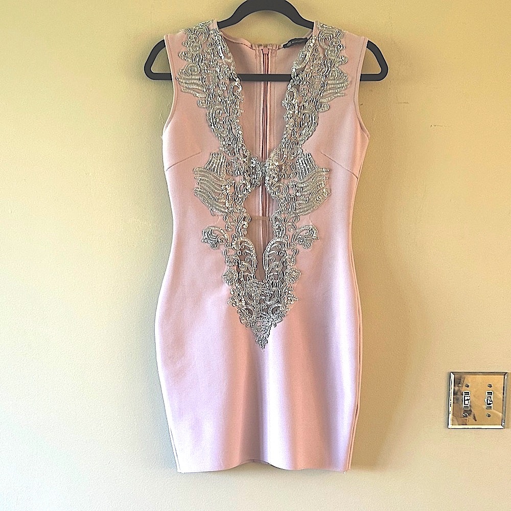 Pink Bodycon Mini Dress with Scoop Neck and Silver fits like a small 8